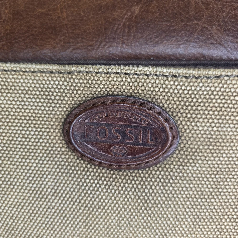 Fossil Brown Leather and Tan Canvas Messenger Bag